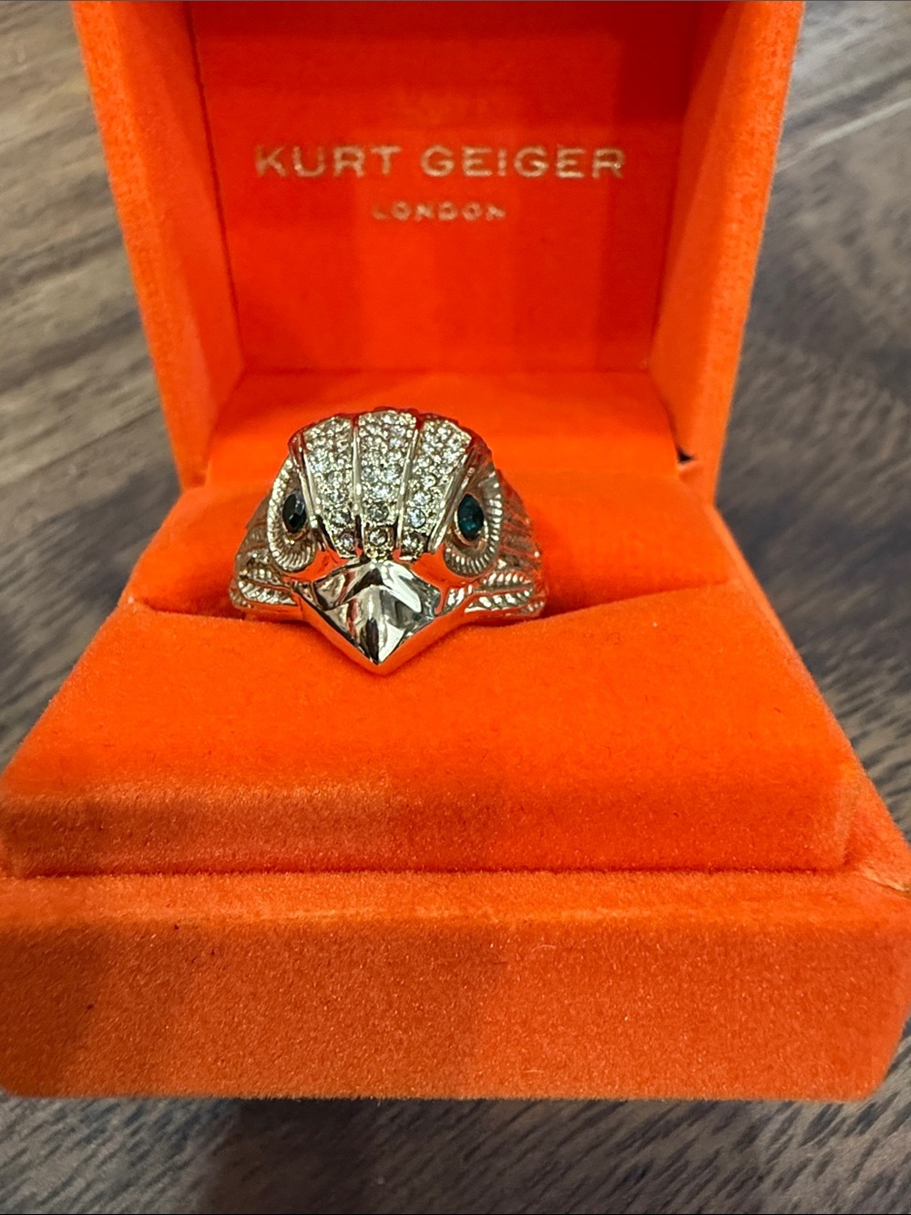 Kurt Geiger Gold Eagle Head Ring with Dark Green Stone Eyes